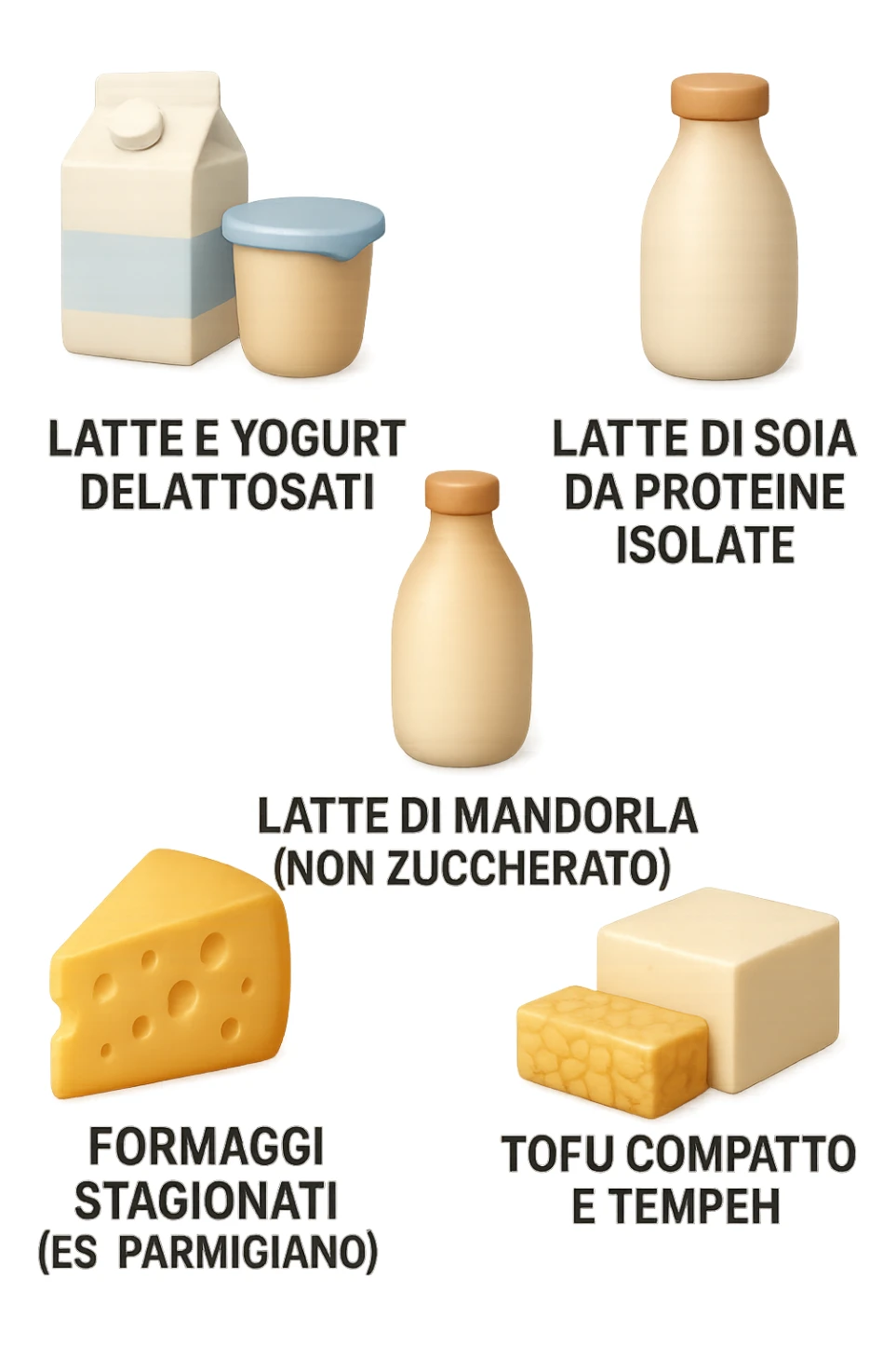 emoji stile iphone 3d di questi elementi che fluttuano in aria:

Latte e yogurt delattosati
Latte di mandorla (non zuccherato)
Latte di soia da proteine isolate
Formaggi stagionati (es. parmigiano)
Tofu compatto e tempeh
 che fluttuano in aria,  le etichette scrivile in italiano, iperealistico 4k sticker