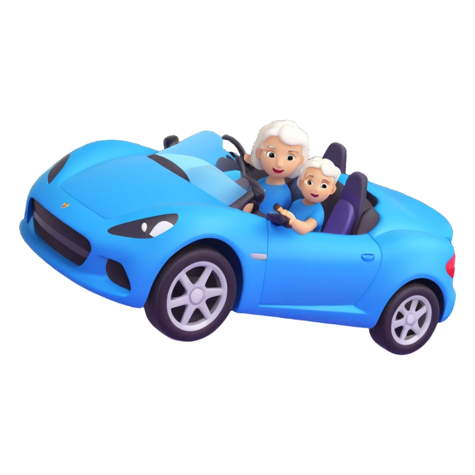 Make the entire image 30% more realistic, including the mother with white hair and the blue sports car, keep fast and furious vibe, dynamic motion effects, sporty 3D emoji style, no background. sticker