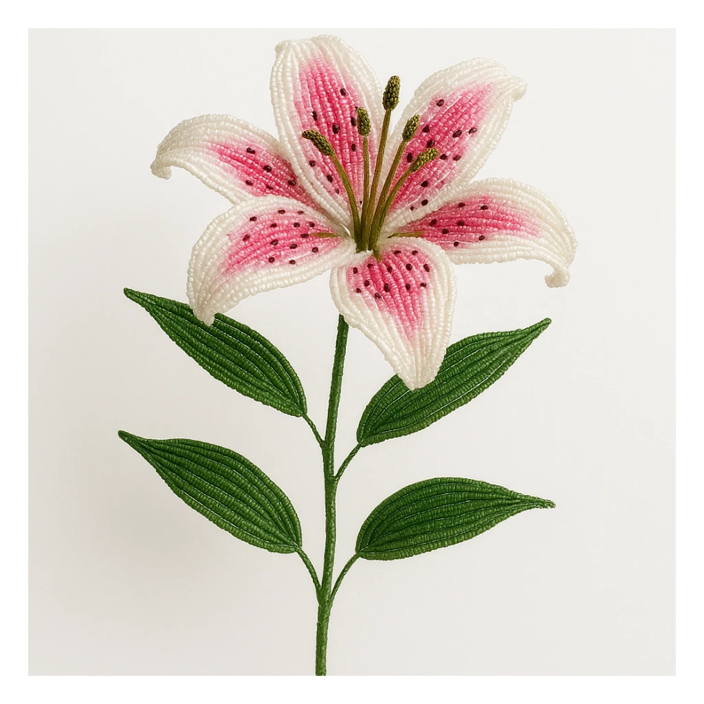 french beaded stargazer lily, handmade with glass beads, delicate wire stems, detailed pink and white petals, lush green leaves, artistic, isolated, no background sticker