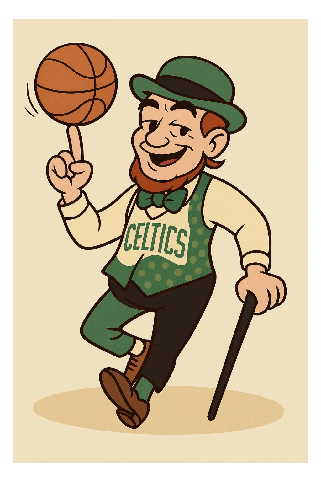 Boston Celtics mascot Lucky the Leprechaun spinning a basketball, cartoon style, green suit, energetic pose sticker