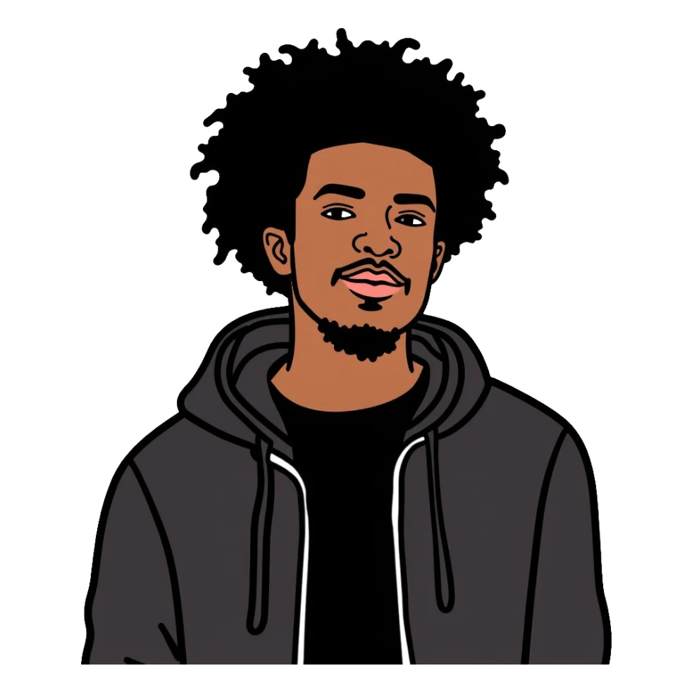 Black man with mid afro hairstyle wearing a black shirt and hoodie sticker