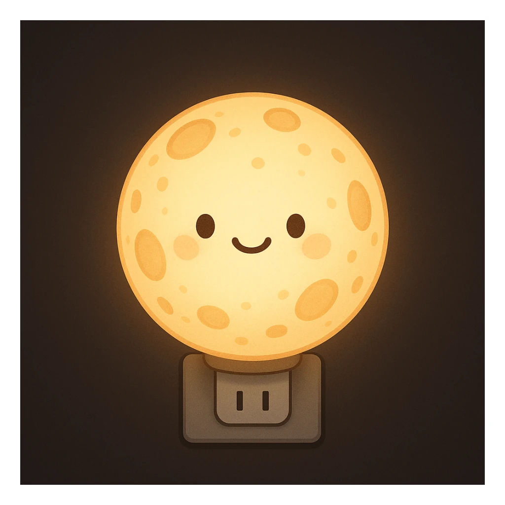 a round moon nightlight with a plug, softly illuminated, cartoon style sticker