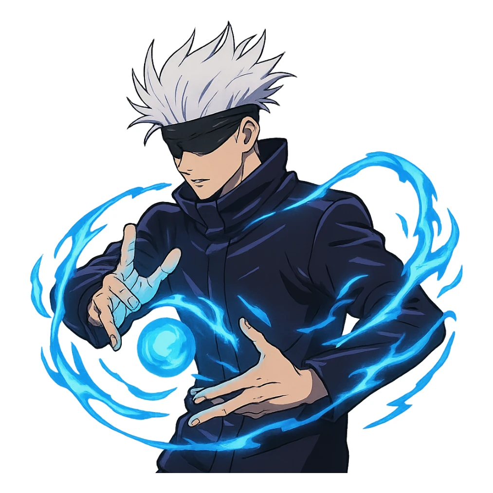Gojo Satoru, white hair, blindfold, using infinity technique, blue energy, inspired by Jujutsu Kaisen, anime style, no background sticker