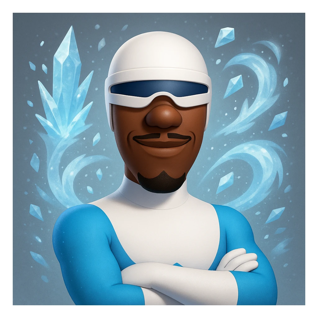 Frozone, memoji style, confident, blue and white suit, ice effect sticker