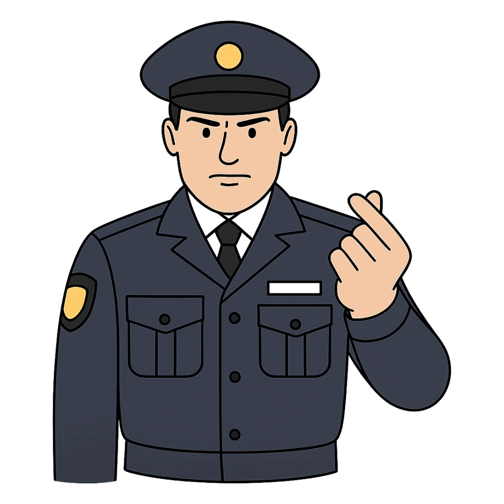 Используя такую стилистику сгенерируй налогового инспектора в точно такой же фуражке, который смотрит прямо на зрителя и показывает пальцами жест, давай денег, прозрачный фон sticker