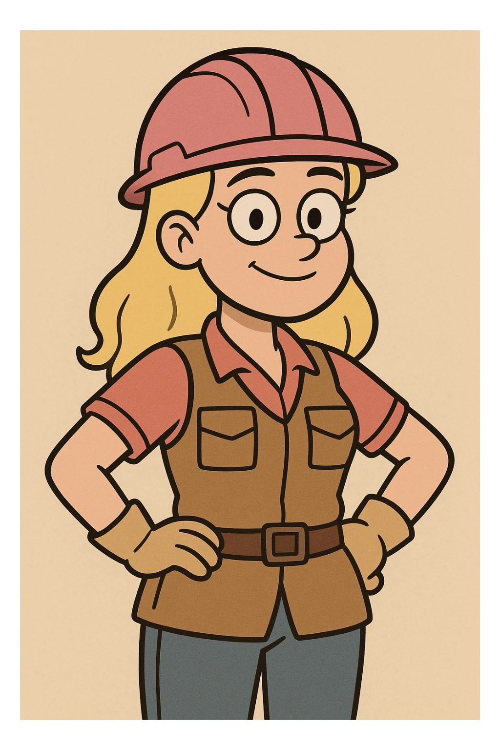 cartoon style blonde girl construction worker wearing pink helmet and construction attire, friendly expression, simple background sticker