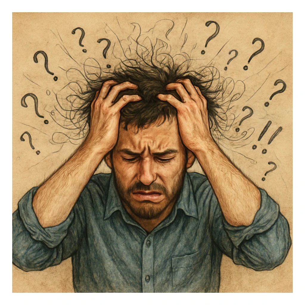 Realistic or illustrative style image of a 30-year-old man suffering from anxiety, inspired by the reference image. The man has hands in his hair with closed eyes. The background contains chaotic lines and question marks, conveying an atmosphere of mental confusion. sticker