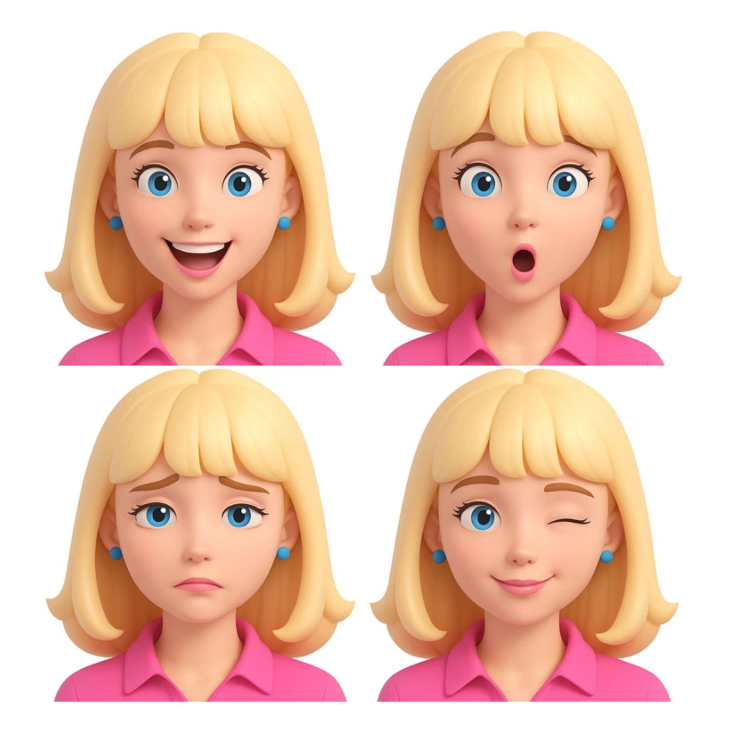Create four different facial expressions: happy, surprised, sad, and winking. Keep the character with blonde hair with bangs, wearing a pink blouse, and having blue eyes. The style should resemble 3D emoji style as closely as possible. sticker