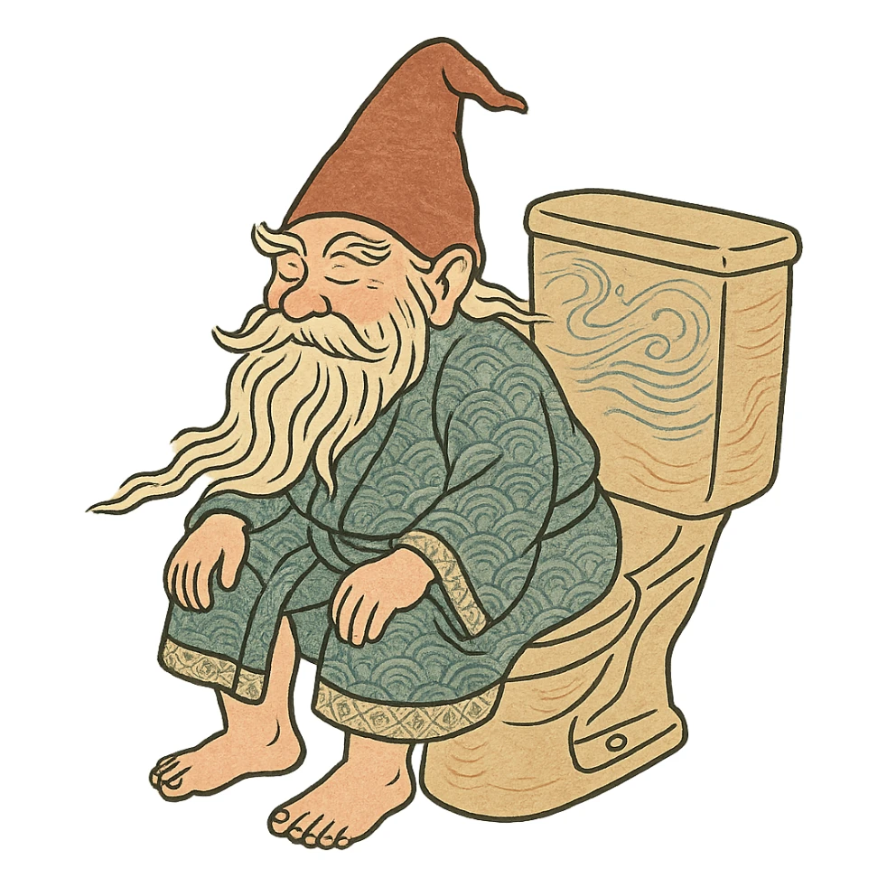 ukiyo-e inspired gnome on a toilet, magical realism, traditional Japanese illustration sticker