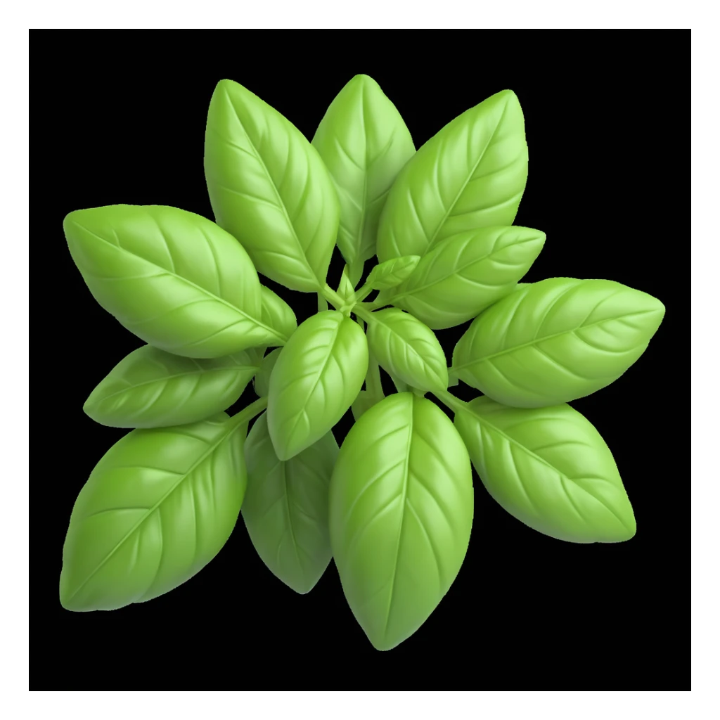a bunch of fresh basil with bright green leaves, in 3D volumetric iOS style, with soft shadows and realistic highlights, on a white background sticker