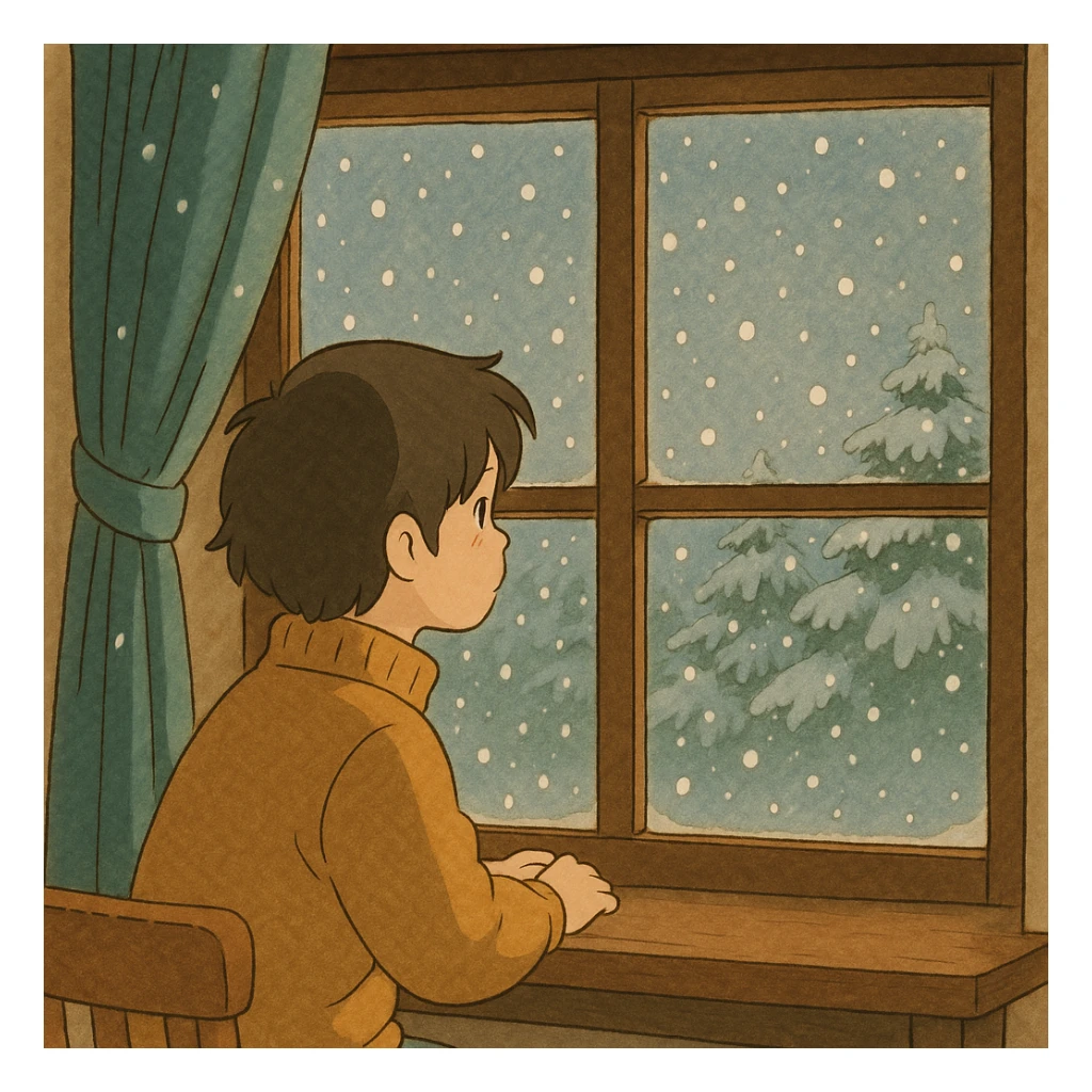 ghibli style illustration of someone watching snow fall through a window sticker