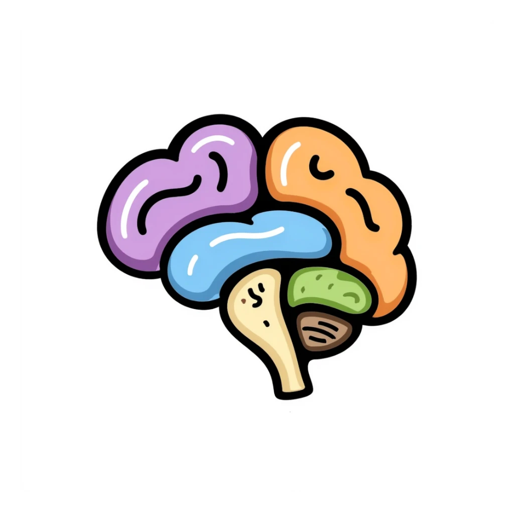 Hand-drawn anatomical brain cross-section showing different colored regions: purple cerebrum, orange cerebellum, blue brain stem, yellow thalamus, green hypothalamus. Detailed medical illustration with anatomical features clearly defined. sticker