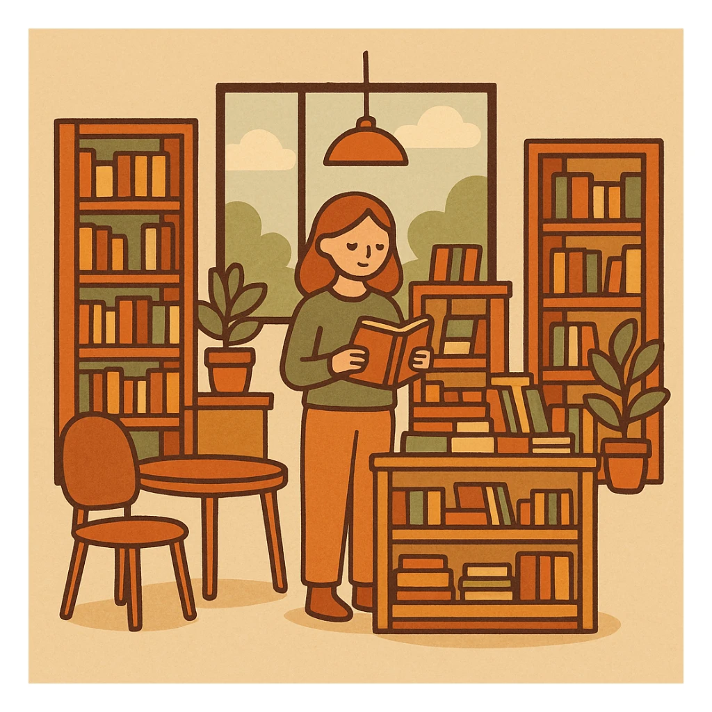 modern bookstore with sleek design, geometric shapes, organized book displays, modern furniture, bright and airy sticker