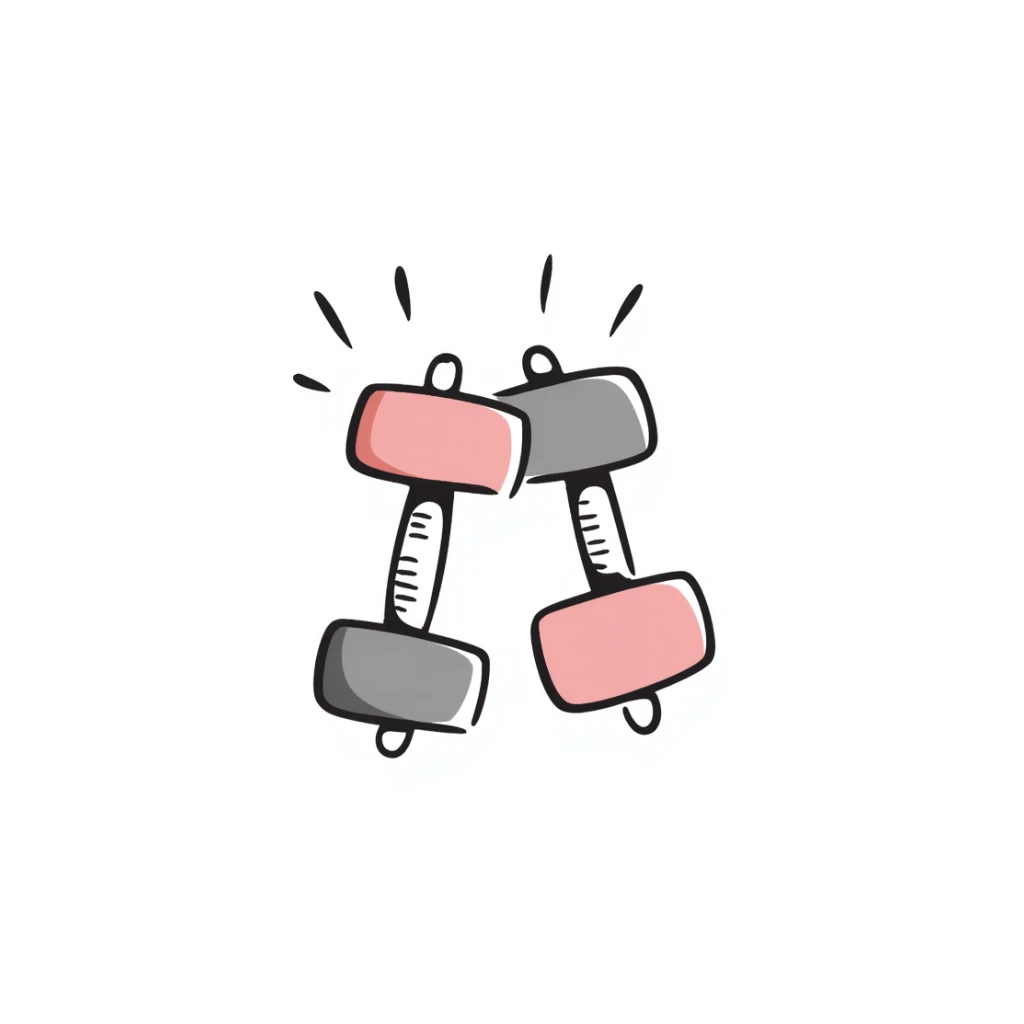 A pair of dumbbells/hand weights for exercise in pastel colors (dd9fb0, ffc6d3, a3bfc9, c4bee2, f1b091), hand-drawn doodle style sticker