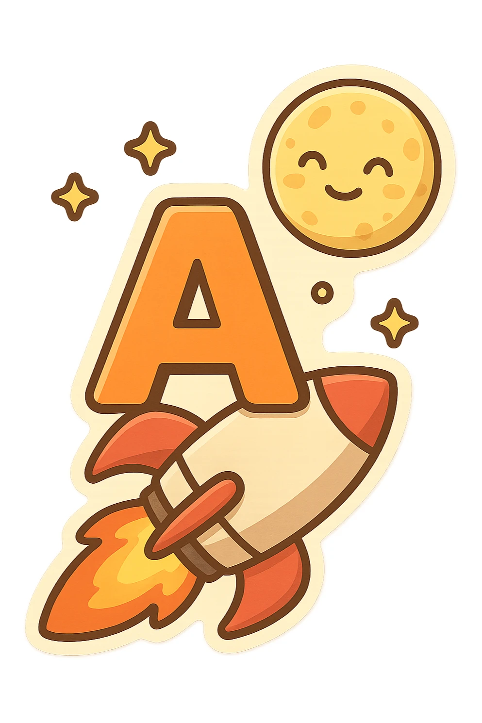 bold capital letter riding on a rocket flying toward the moon, dynamic and playful, emoji or icon style sticker