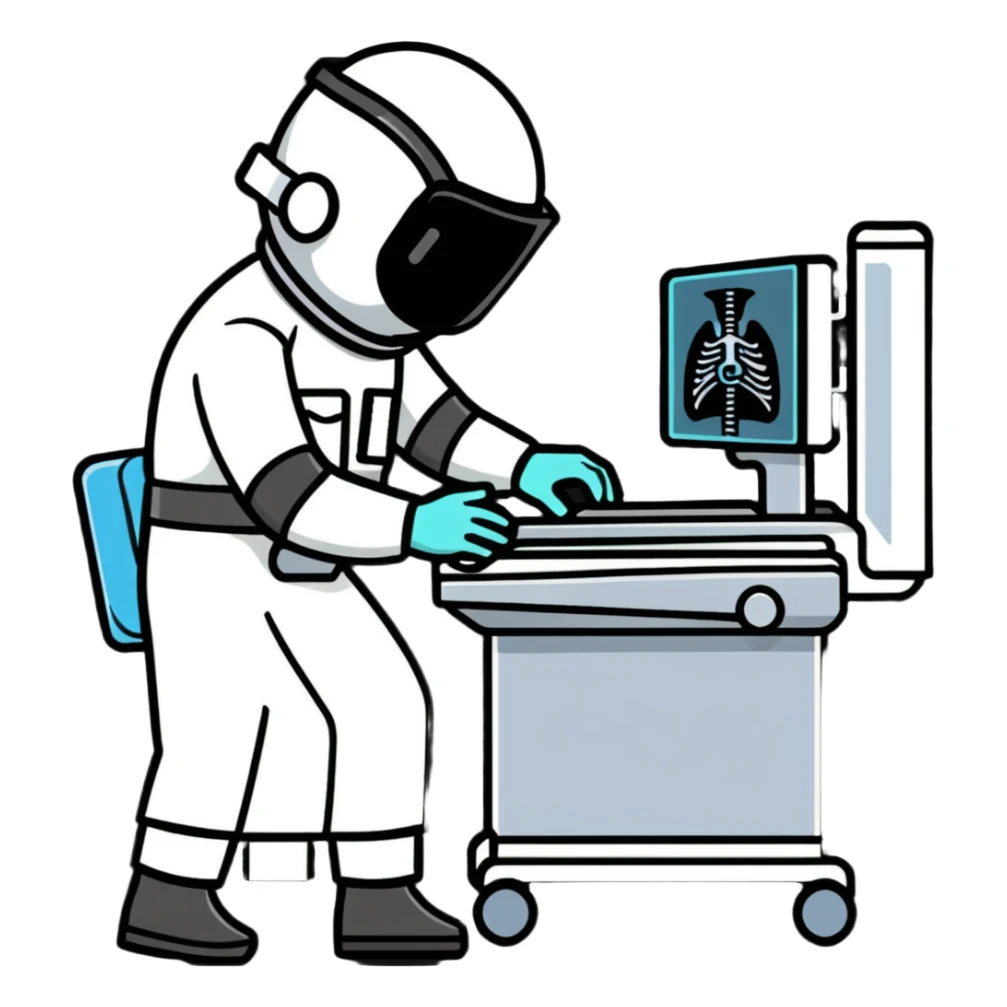 A friendly radiologist operating an X-ray machine, wearing protective gear sticker