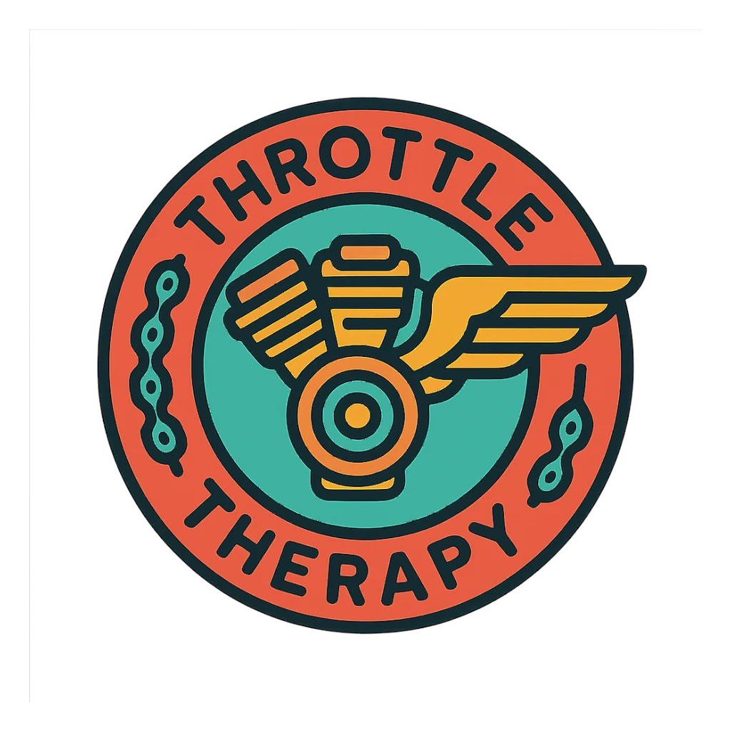 circular motorcycle cap design with the English phrase 'Throttle Therapy', featuring motorcycle motifs like motor, chain, wing, liberating style sticker