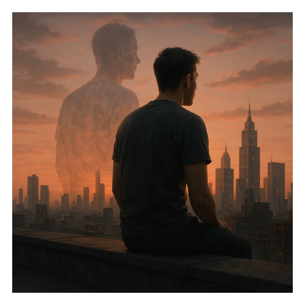 A man sitting on a rooftop at sunset, gazing at the city, with a ghostly double exposure of a different version of himself in the background, representing a 'what if' shaped by a life-changing diagnosis. Cinematic, emotional realism, symbolic duality, soft lighting, hyperrealistic 4K. sticker
