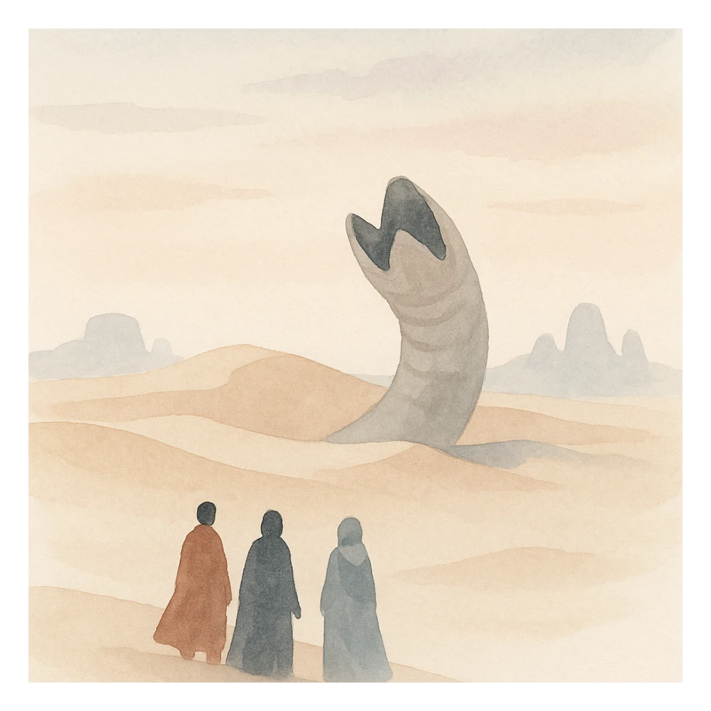 Arrakis planet from Dune, sandworm emerging from the sand in the midground, three figures in the foreground, rocky formations in the distance, dusk sky, in a painterly style sticker