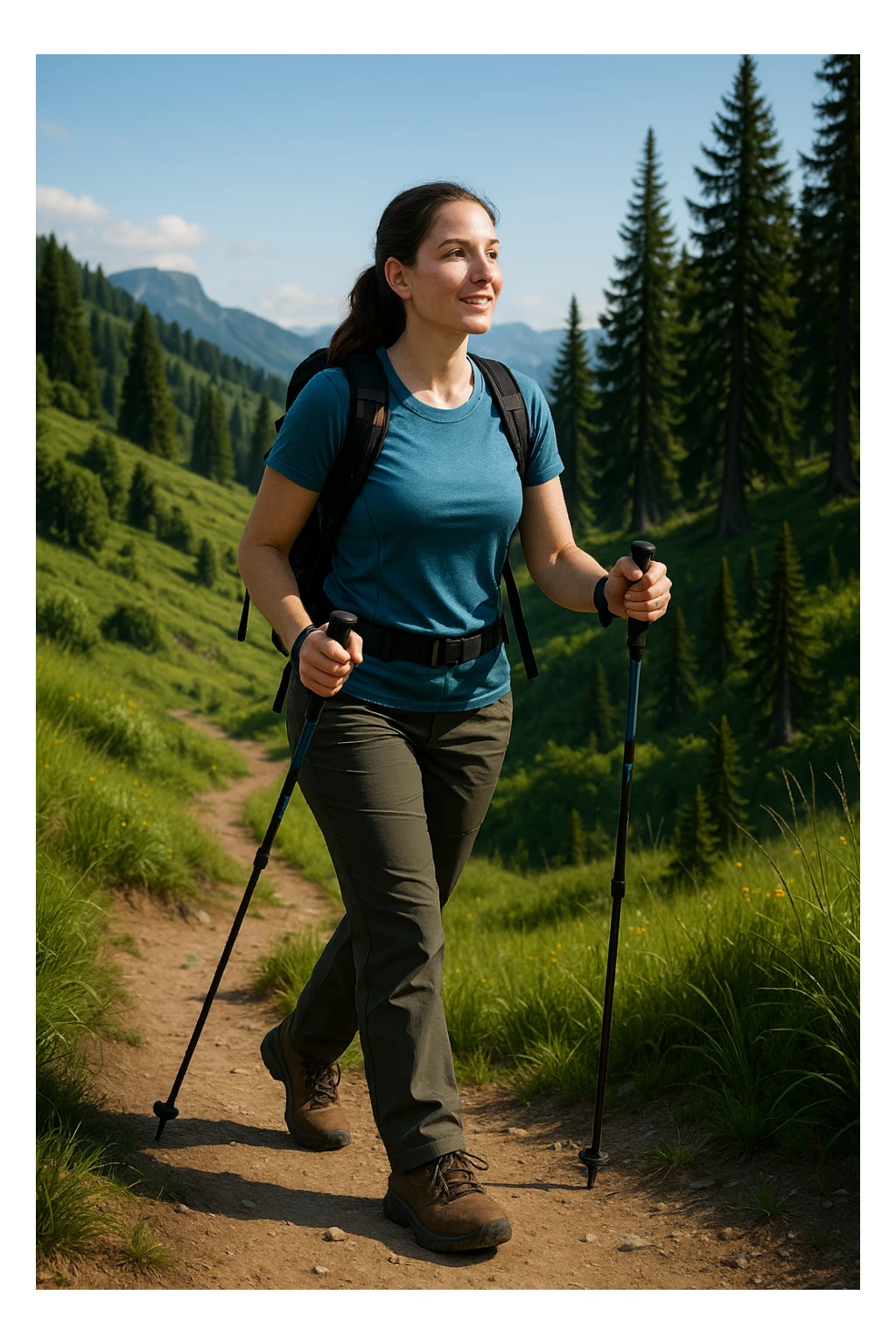 a lady hiking, wearing practical hiking clothes, in a scenic landscape sticker