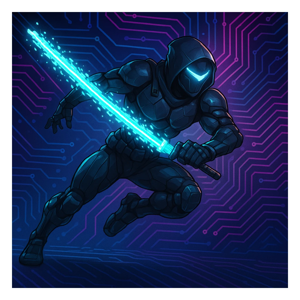 Add a glowing digital sword to the cyber ninja, keeping the original style and background intact. The style is cyber ninja with a digital, futuristic look, so the sword should have a glowing, high-tech digital effect that fits seamlessly with the cyber ninja theme. sticker