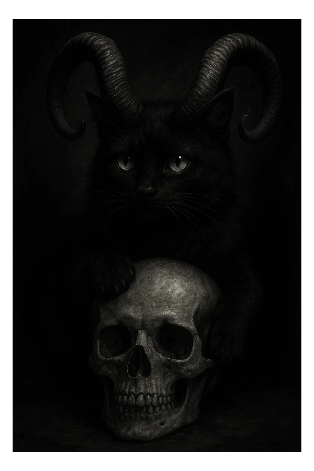 A black cat with oversized demon horns, curled around a human skull, moody and dramatic, dark and gothic atmosphere sticker