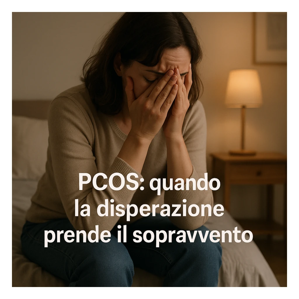 adult woman sitting on bed, head in hands, desperate expression, soft lighting, home environment, Italian text: 'PCOS: quando la disperazione prende il sopravvento', 4K quality sticker