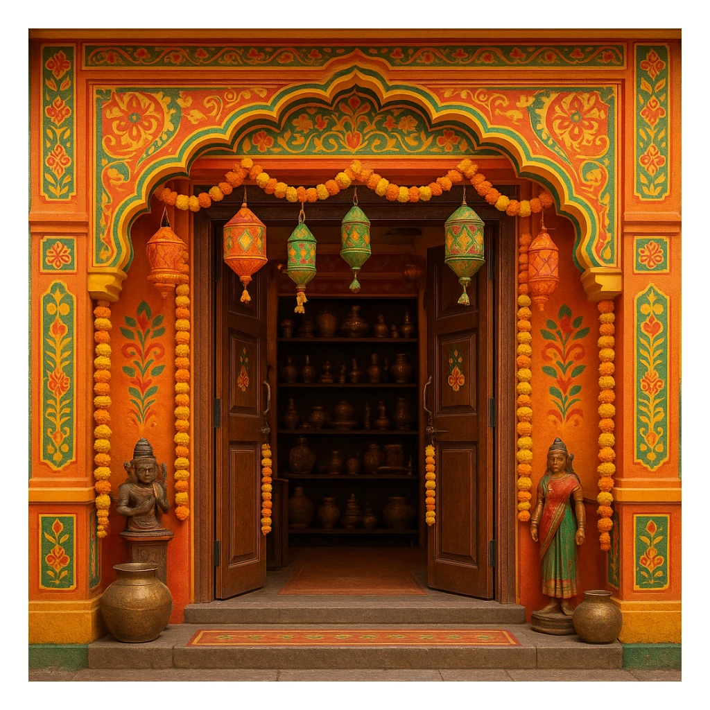 an Indian shop with colorful exterior, traditional elements, inviting, vibrant, no text sticker
