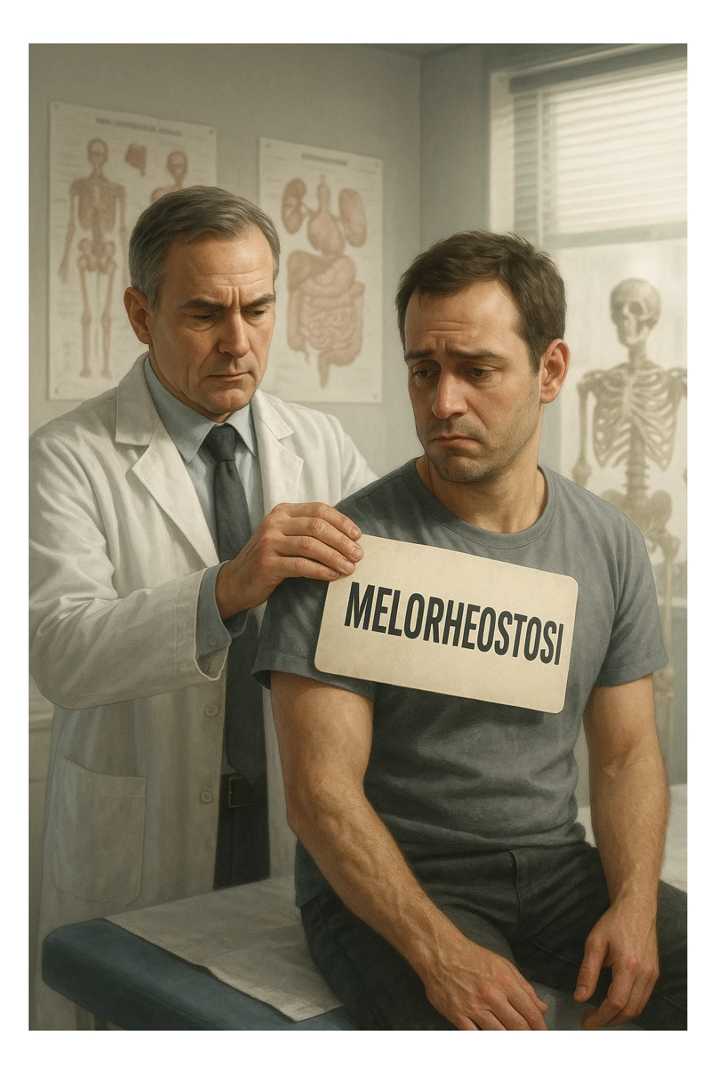 A realistic, cinematic illustration set in a bright, modern medical office. A middle-aged doctor in a white lab coat with a serious expression is shown gently placing a large paper label on the shoulder of a male patient sitting on the examination table. The label has the word 'Meloreostosi' written on it, symbolizing the act of labeling the patient with his rare bone condition. The patient looks confused and slightly disheartened, wearing a simple t-shirt with part of his arm exposed, showing subtle signs of bone thickening or deformation associated with melorheostosis. The background includes medical charts and a softly blurred skeleton model, emphasizing the medical setting. The lighting is bright but neutral, conveying a sterile, clinical atmosphere while focusing on the symbolic moment of receiving a diagnosis label. The mood is introspective and slightly heavy, illustrating the emotional weight of being defined by a rare chronic condition in italiano sticker