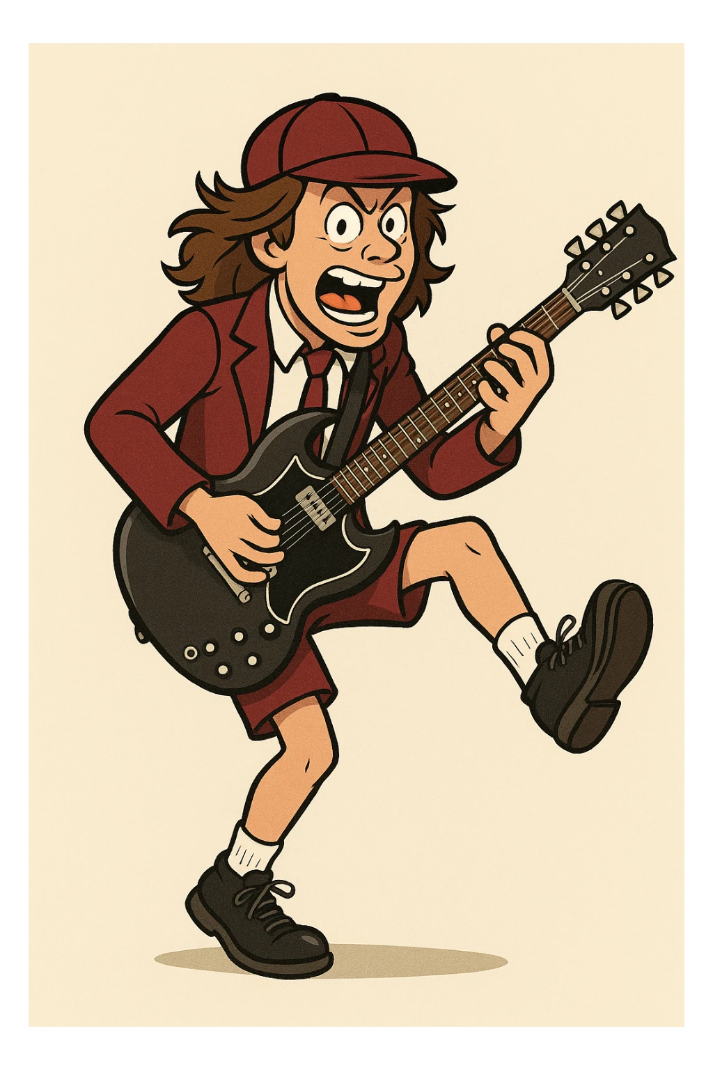 Angus Young from AC/DC in a school uniform, energetic pose, holding a guitar, cartoon style sticker