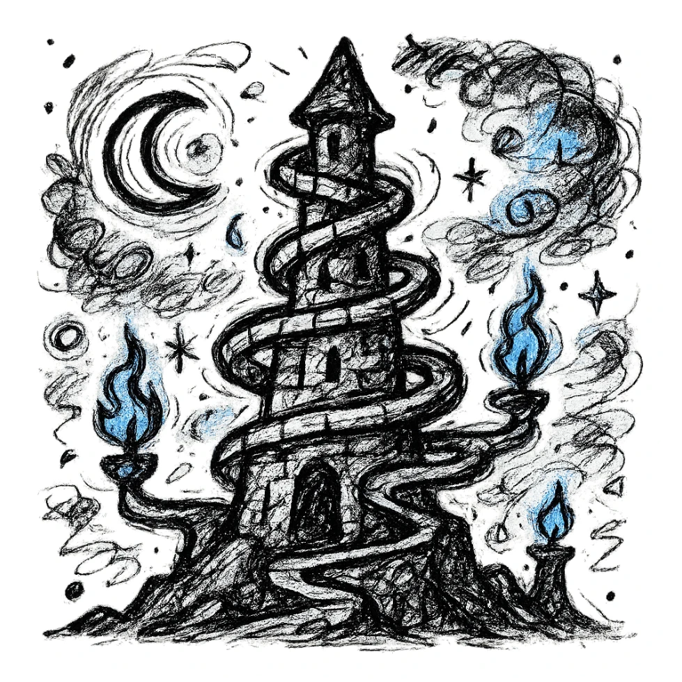 arcane chaotic stone tower with spiraling structure, large base and citadel at bottom atop hill, surrounded by spiral ramps, blue torches, moonlit nebula sky, spiritual tower in mystical Shinto-inspired parallel world, emoji icon sticker