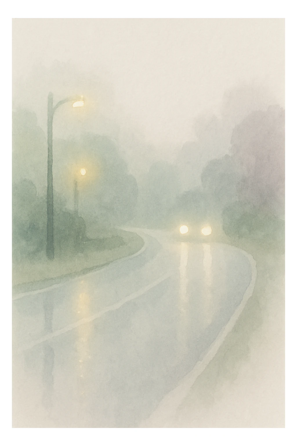 a rainy road at night, watercolor style, soft colors, blurred edges, glowing lights sticker