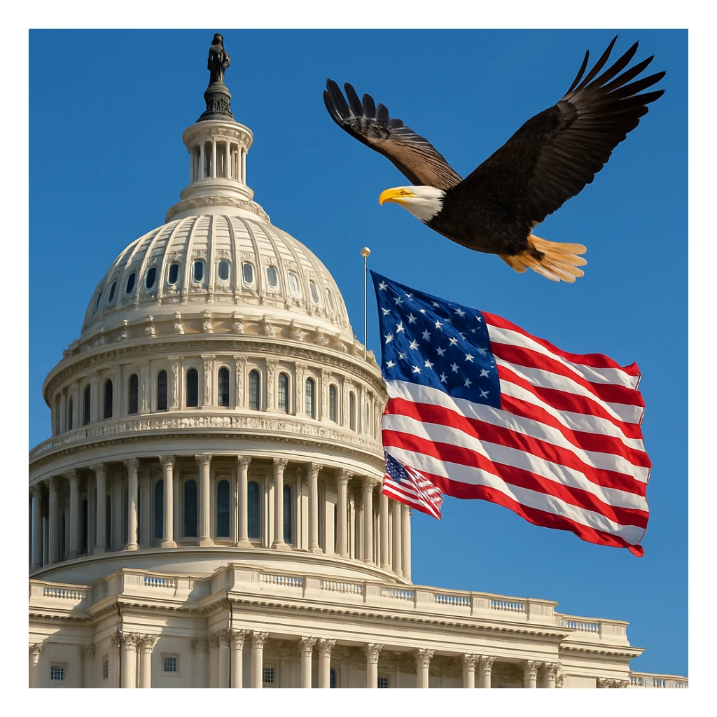 the US Capitol building with the American flag in the background and an eagle flying overhead, detailed and patriotic sticker