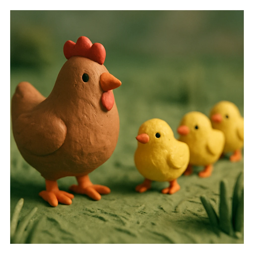 hen and chicks walking in grass, soft lighting, hand-molded details sticker