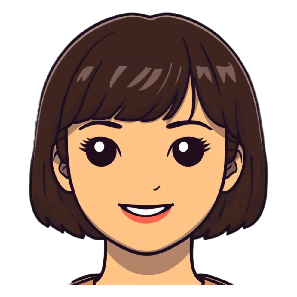 Pretty woman with dark brown bangs, subtle makeup, warm smile sticker