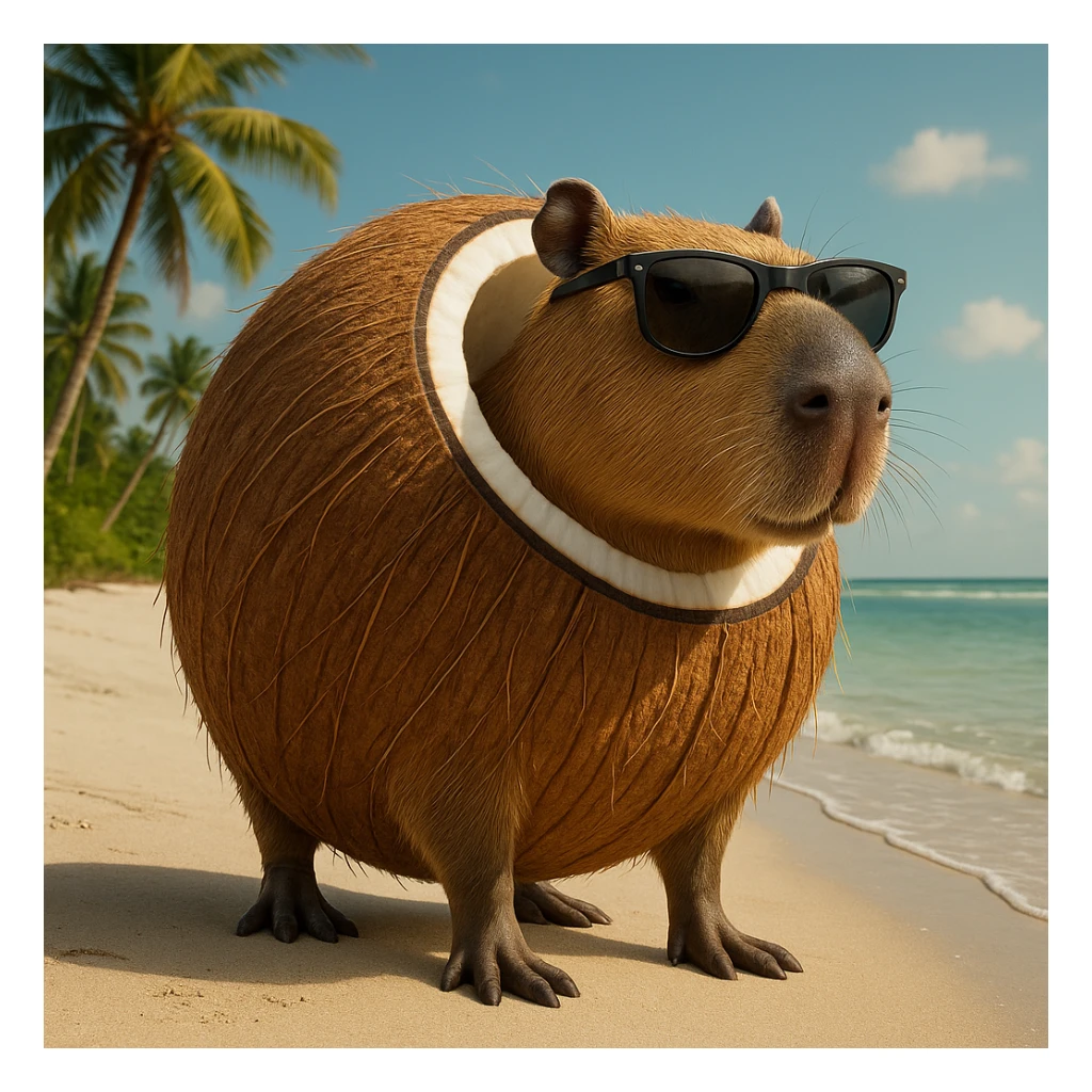 Make a subtle but clear change to the original image by adding sunglasses to the capybara-coconut creature. Keep the quality and style the same as the original. sticker