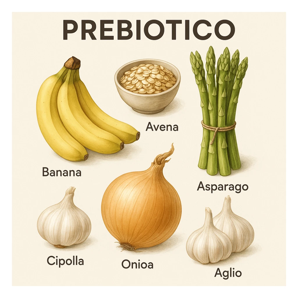 realistic and informative illustration showing only prebiotic foods on a light background, examples: bananas, oats, asparagus, onion, garlic, each food labeled in Italian as 'Prebiotico', clean and modern style sticker