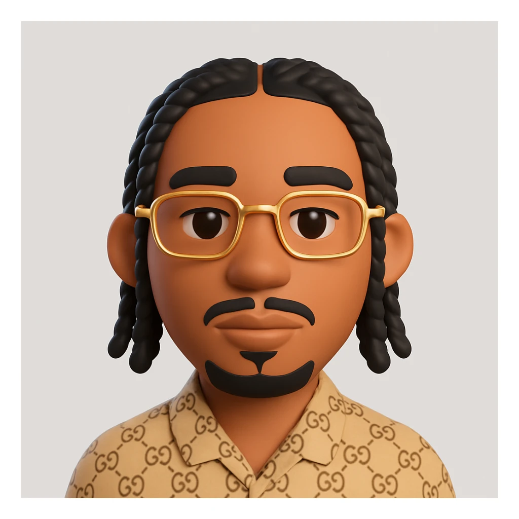 Create a 3D Microsoft Fluent style emoji faithfully representing the person in the photo. Features: oval face, light brown skin, brown eyes, black braided hair, thin beard, rectangular golden glasses, neutral expression, luxury beige patterned clothing. Preserve all distinctive traits and visible accessories. The style should emulate Microsoft Fluent 3D emoji style. sticker