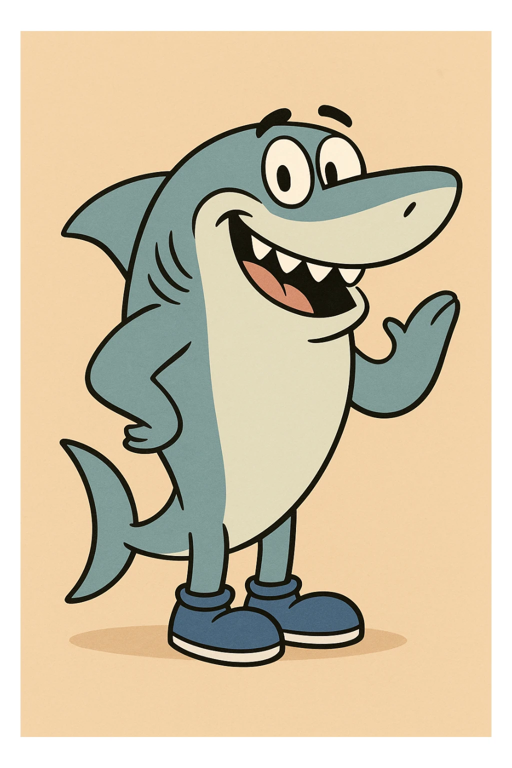 friendly shark character with blue shoes, classic animated style, not chibi sticker