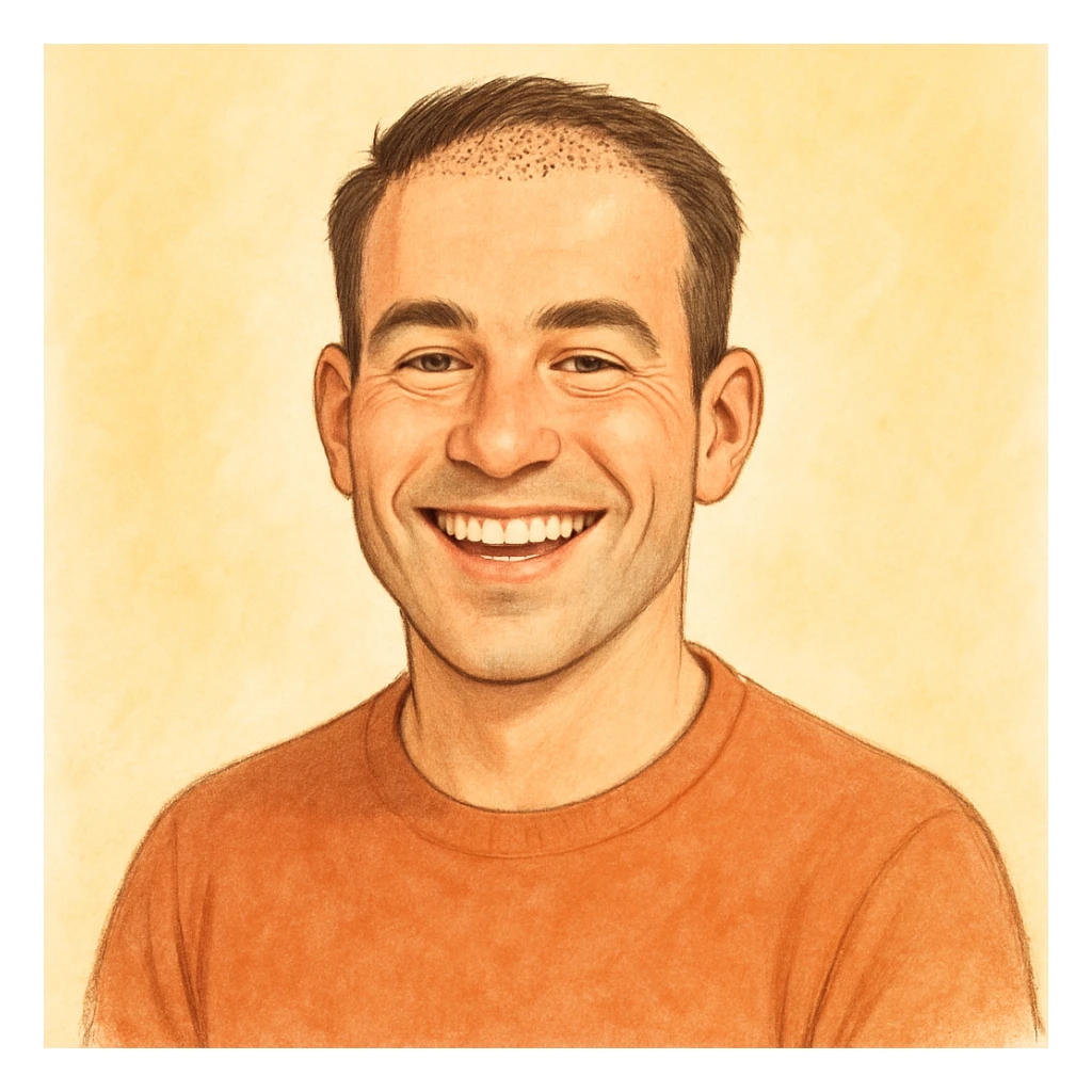 a cheerful man with restored hair, beaming with happiness and confidence after a hair transplant, soft friendly style sticker