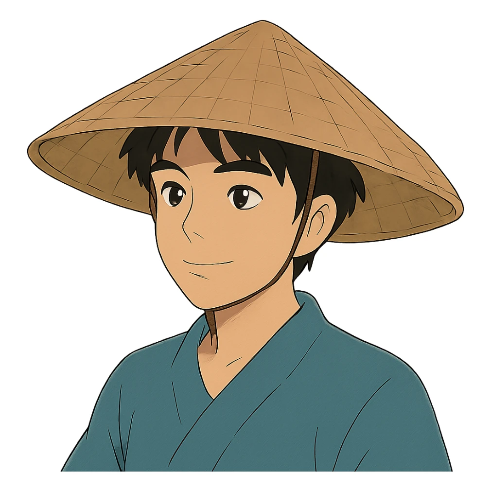 young Asian man with a rice hat sticker
