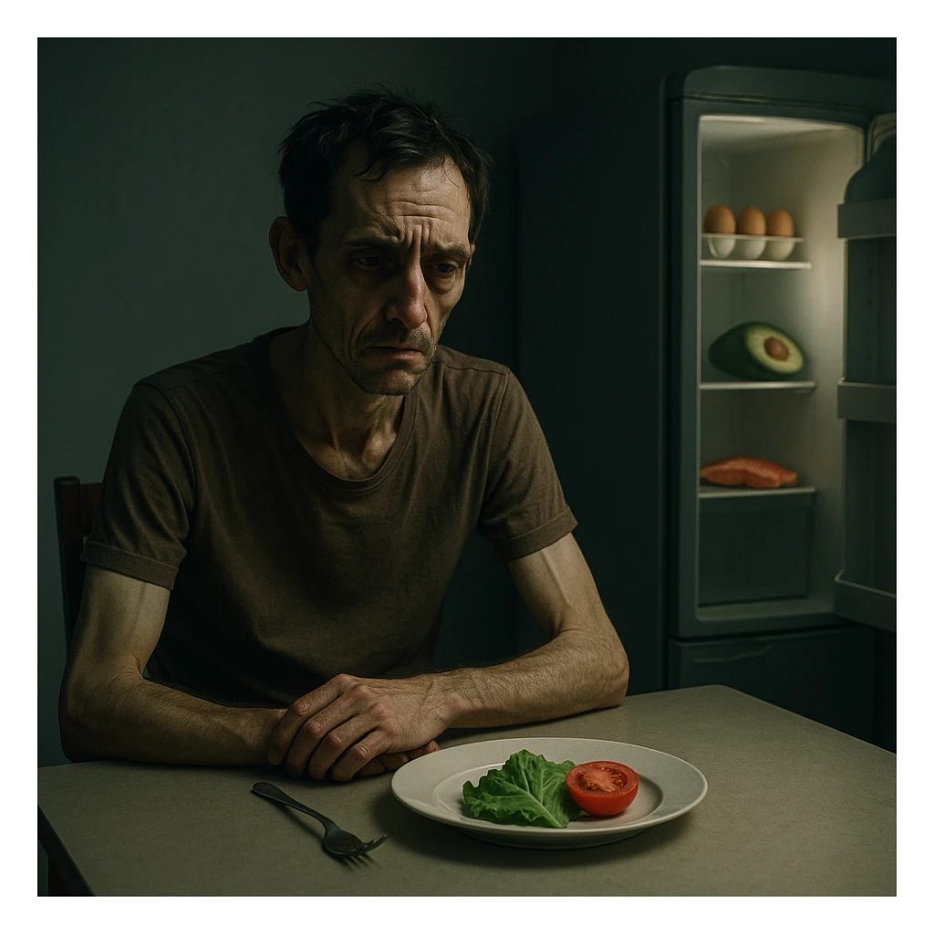 cinematic lighting, symbolic realism; thin, tired man at a minimalist kitchen table, plate with lettuce and tomato, frustrated and weary, sunken eyes, cold empty background, closed fridge with healthy foods (eggs, avocado, fish), expressive facial details, muted palette sticker