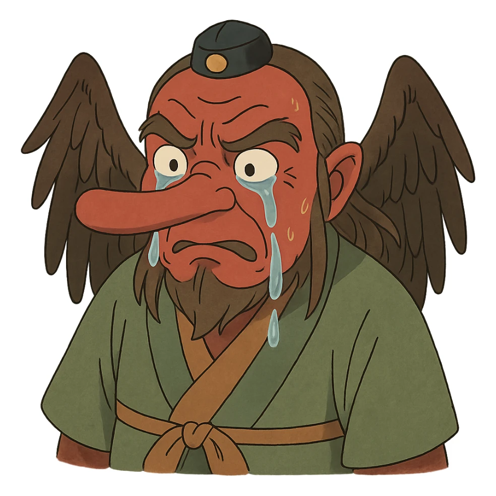 ghibli style tengu with red face and long nose, tears streaming down sticker