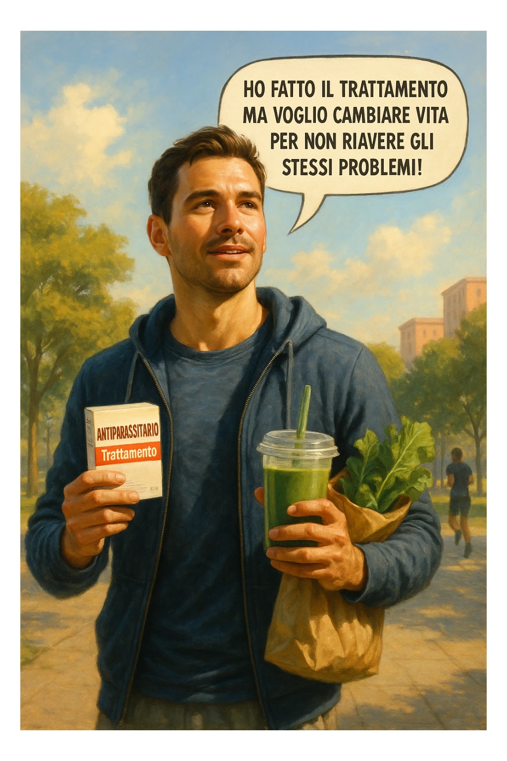 A realistic, cinematic illustration of a man in his early 30s with a determined and hopeful expression, standing outside under a bright morning sky, holding a small box labeled 'Antiparasitic Treatment' in one hand, while in the other hand he holds a fresh green smoothie or a bag of vegetables. A speech bubble near him says: ‘Ho fatto il trattamento ma voglio cambiare vita per non riavere gli stessi problemi!’ The man is wearing casual but clean and sporty clothing, symbolizing a fresh start, with the background showing a city park with green trees, morning light, and people jogging, indicating a healthy lifestyle. The atmosphere is bright, uplifting, and motivating, clearly illustrating the transition from treatment to lifestyle change to prevent future health issues. The style is realistic with warm tones, showing positive energy and commitment to change in italiano sticker