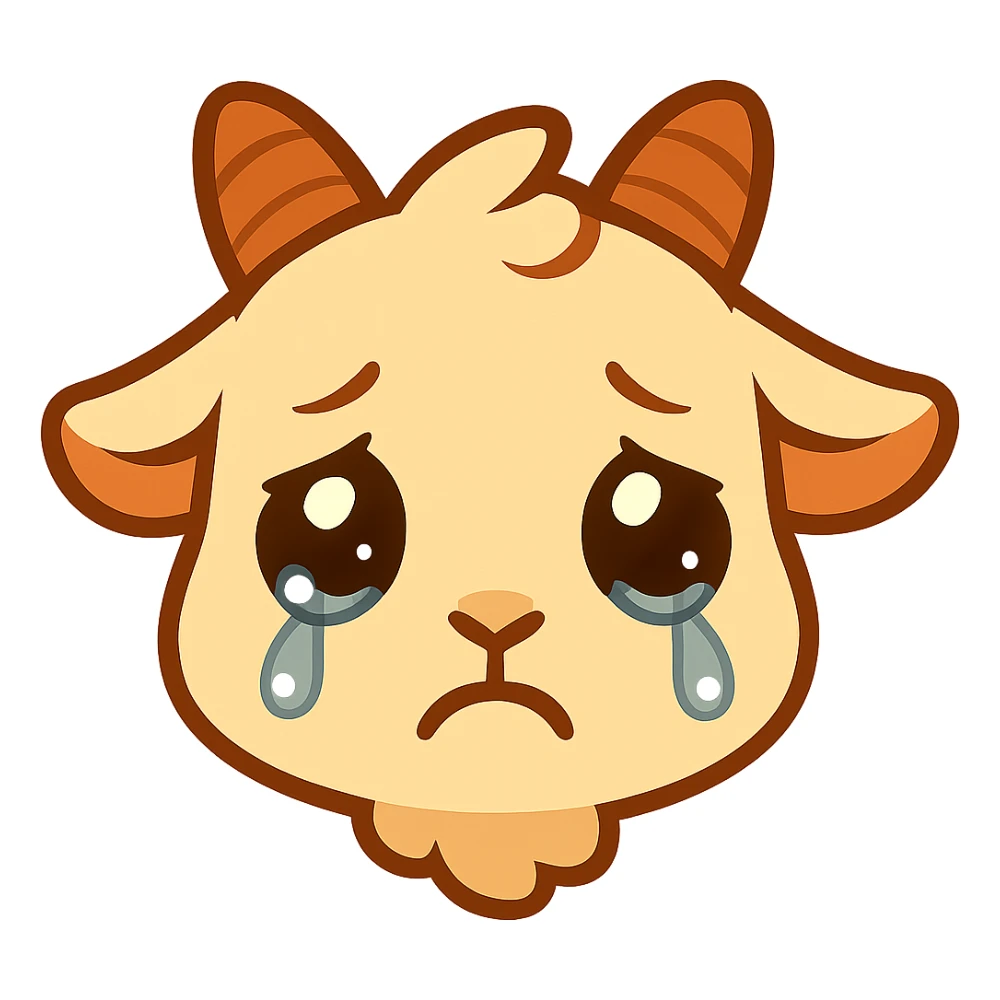 Add a sad expression with shining, teary eyes to the chibi goat head. Keep the simple, clean chibi stickers style and white background. Designed for a small emote. sticker