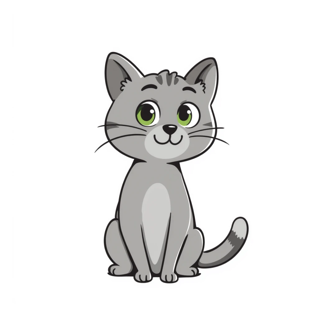 Elegant gray cat with smooth fur, large green eyes, serene attentive expression, sitting facing camera, soft lighting sticker