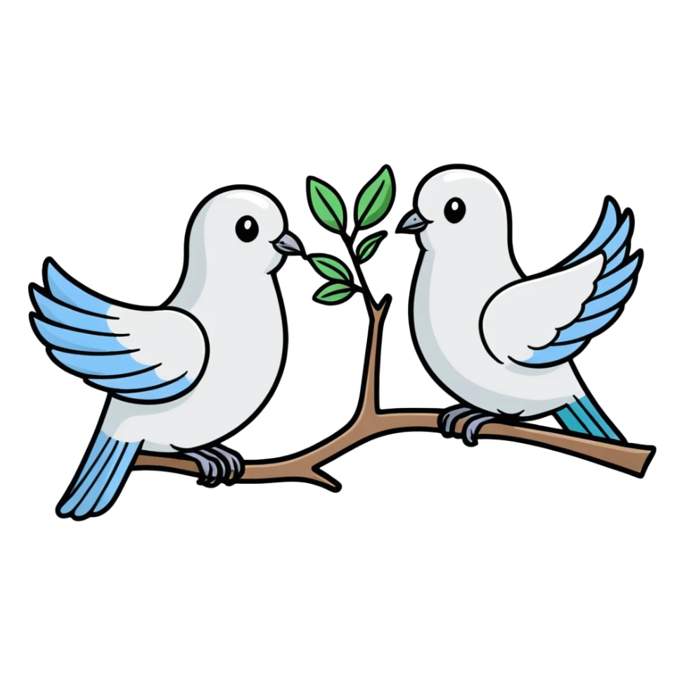 Israel vs Palestine as two doves with different colored olive branches, cartoon sticker style sticker