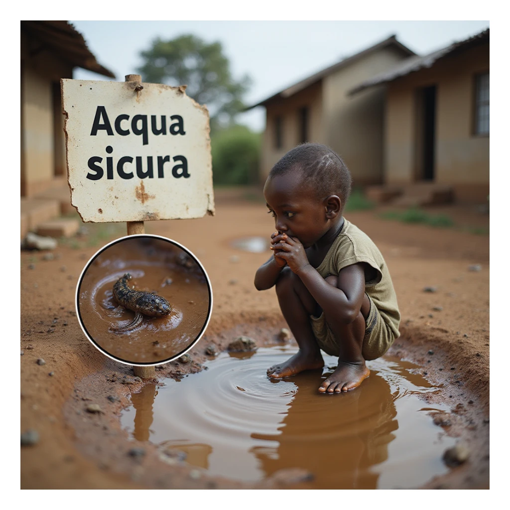 realistic or semi-realistic African child drinking from a muddy puddle in a village with simple houses, a torn or fallen sign reading 'Acqua sicura'; inset showing a microscopic view of schistosoma larvae penetrating the child's skin (foot or leg in water); social and health warning atmosphere sticker