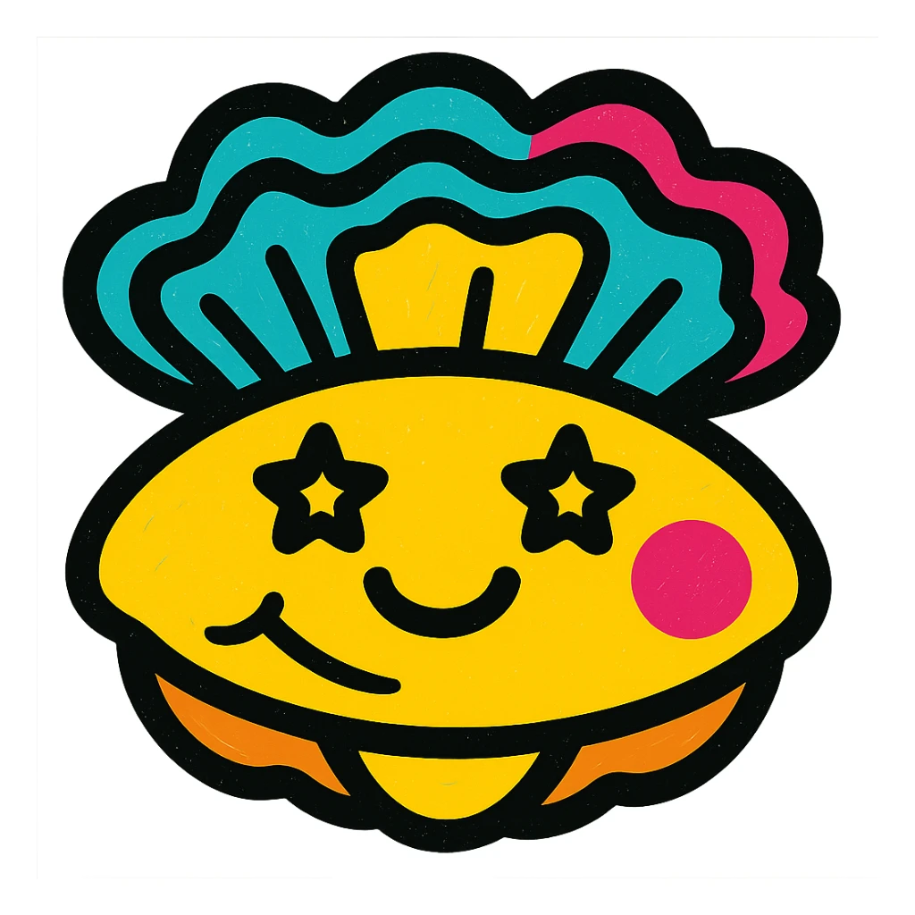 Cute oyster with a dreamy expression, starry eyes, gentle smile, in pop colors style, transparent background. sticker