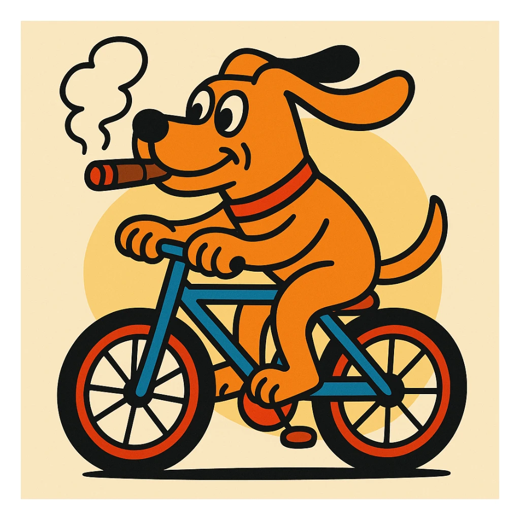 dog riding a bike, smoking a cigar, playful cartoon style sticker